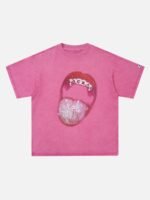 Hip Hop Mouth Printed Washed Out T-shirt