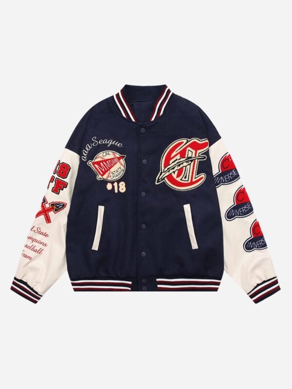 American Patchwork PU Leather Sleeve Embroidered Alphabet Baseball Jacket