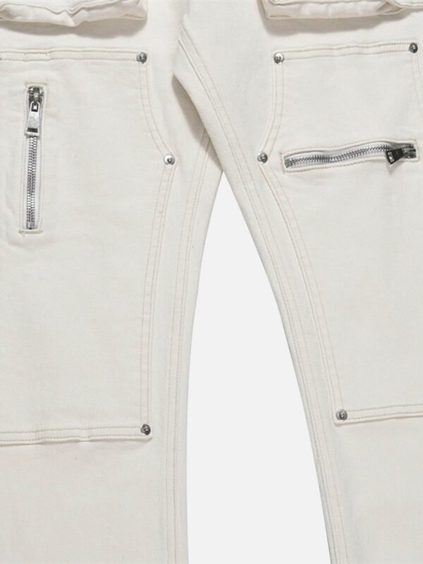High Street Zipper Patchwork Pocket Denim Pants Straight Leg