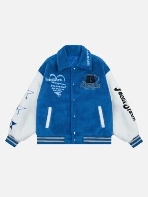 Hip-hop Loose Letters Embroidered Patch Faux Lambswool Jacket - 1590