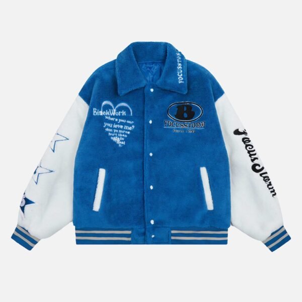 Hip-hop Loose Letters Embroidered Patch Faux Lambswool Jacket - 1590