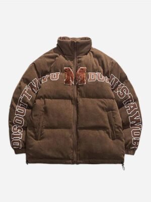 Retro Letter Print Puffer Jacket -1396