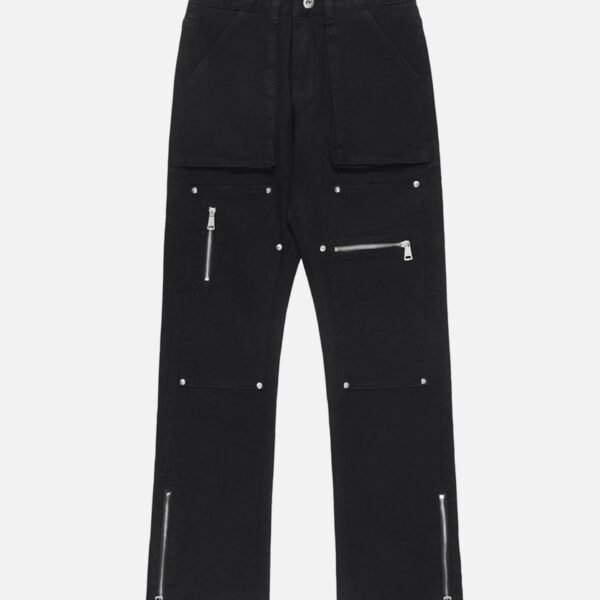 High Street Zipper Patchwork Pocket Denim Pants Straight Leg