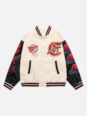 American Patchwork PU Leather Sleeve Embroidered Alphabet Baseball Jacket