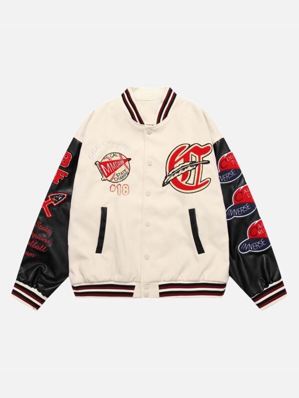 American Patchwork PU Leather Sleeve Embroidered Alphabet Baseball Jacket