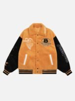 Hip-hop Loose Letters Embroidered Patch Faux Lambswool Jacket - 1590