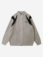 American Style Color Blocking Zipper Cardigan Sweater Loose Knit-1509
