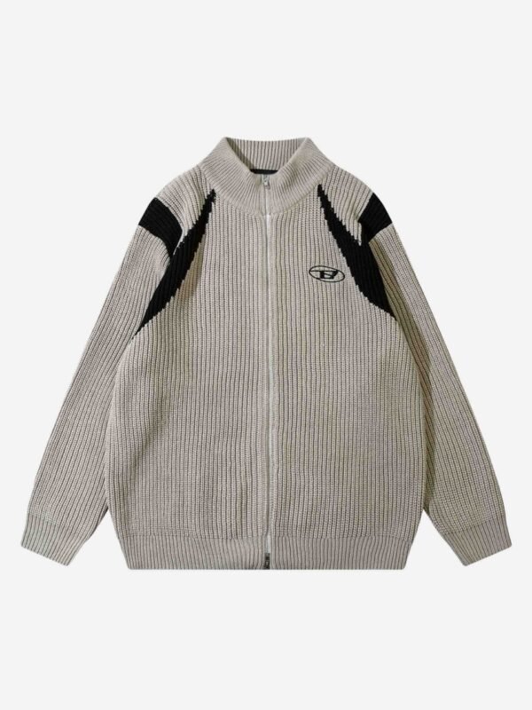 American Style Color Blocking Zipper Cardigan Sweater Loose Knit-1509